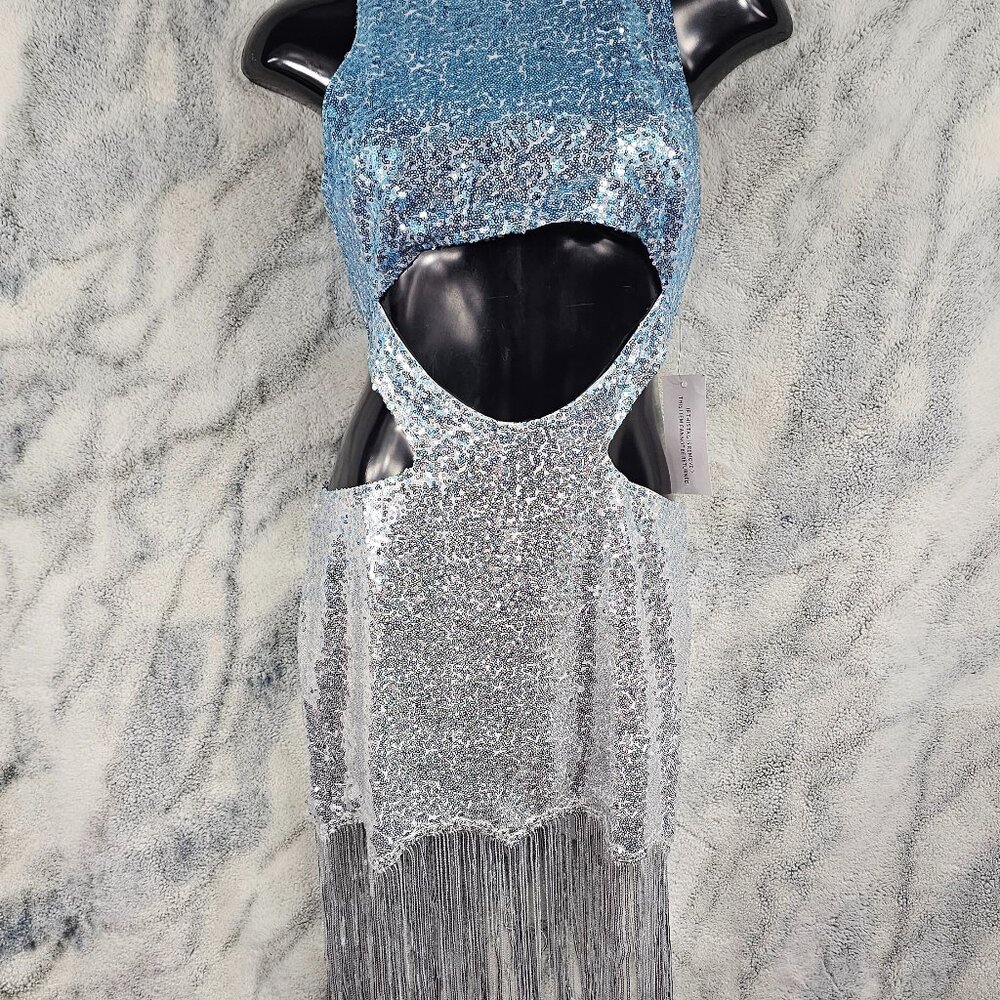 Dolls Kill AMYLYNN Medium Blue Silver Sparkly Ombre Sequin Cutout Fringe Dress